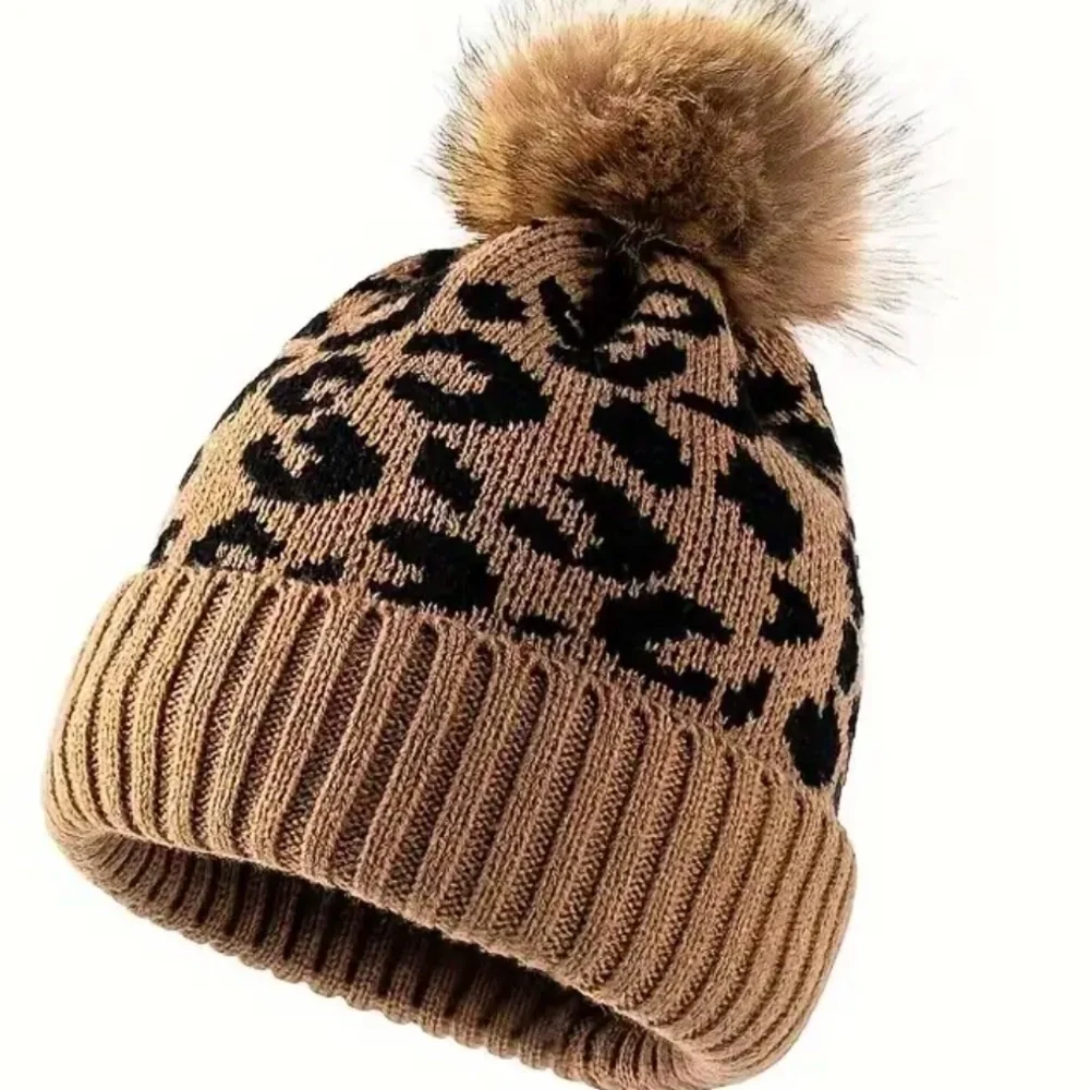 Leopard Print Pom Pom Beanie Knit Winter Hat Neutral Cozy Chic StyleNWT